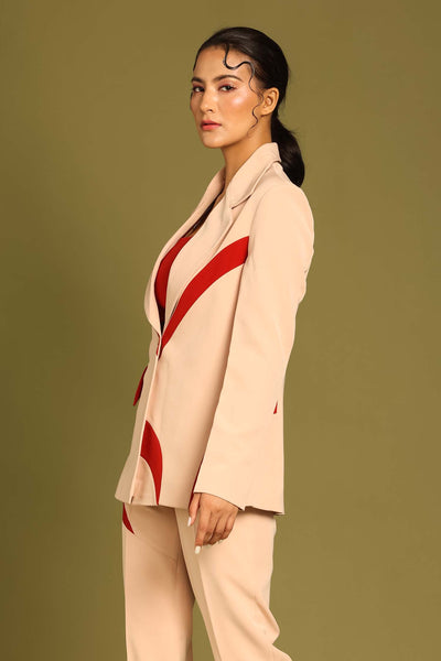 Almond Contrast Paneled Blazer with Crop Top and Flared Pants