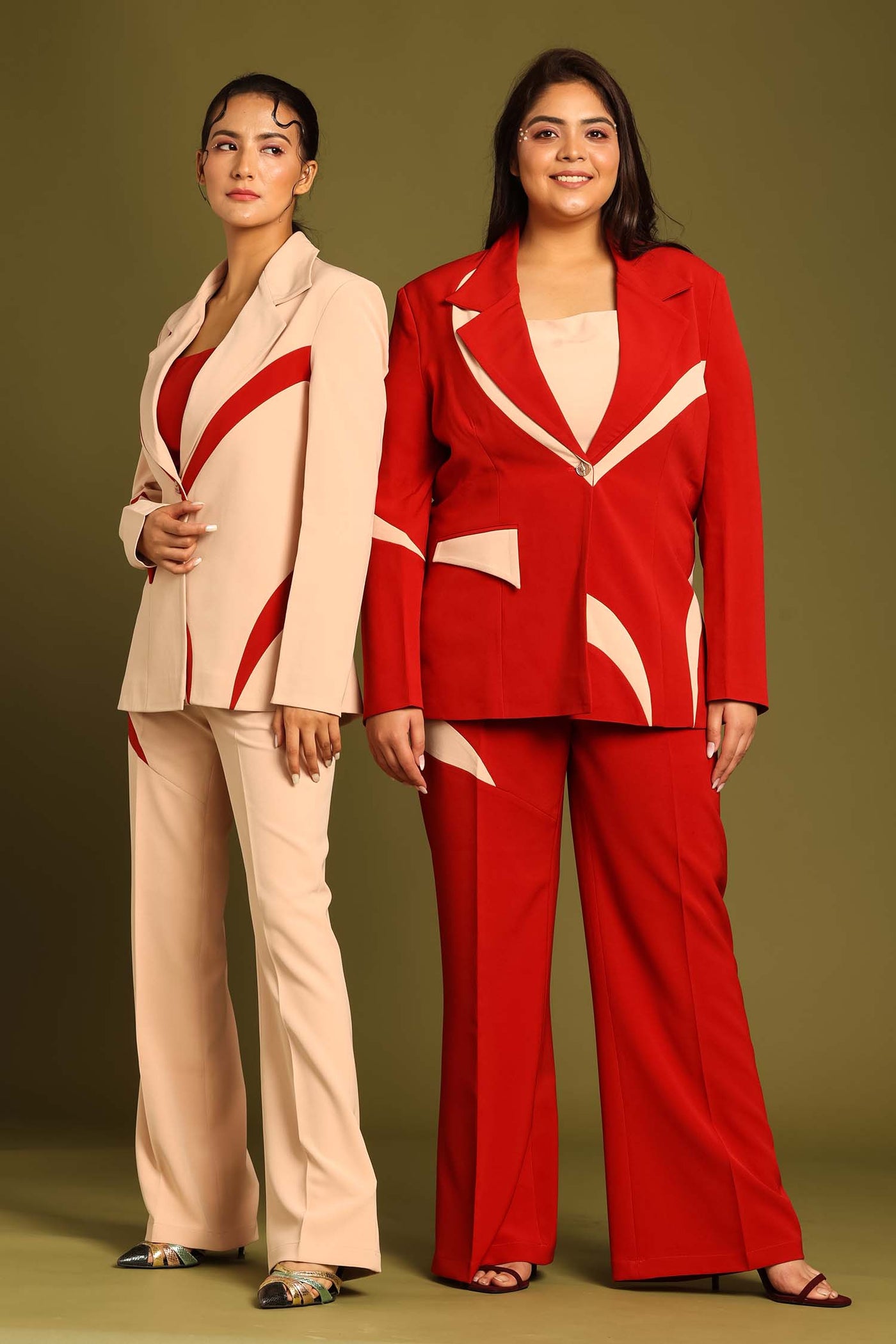 Cister Co in Chili Red Contrast Paneled Blazer with Crop Top and Flared Pants