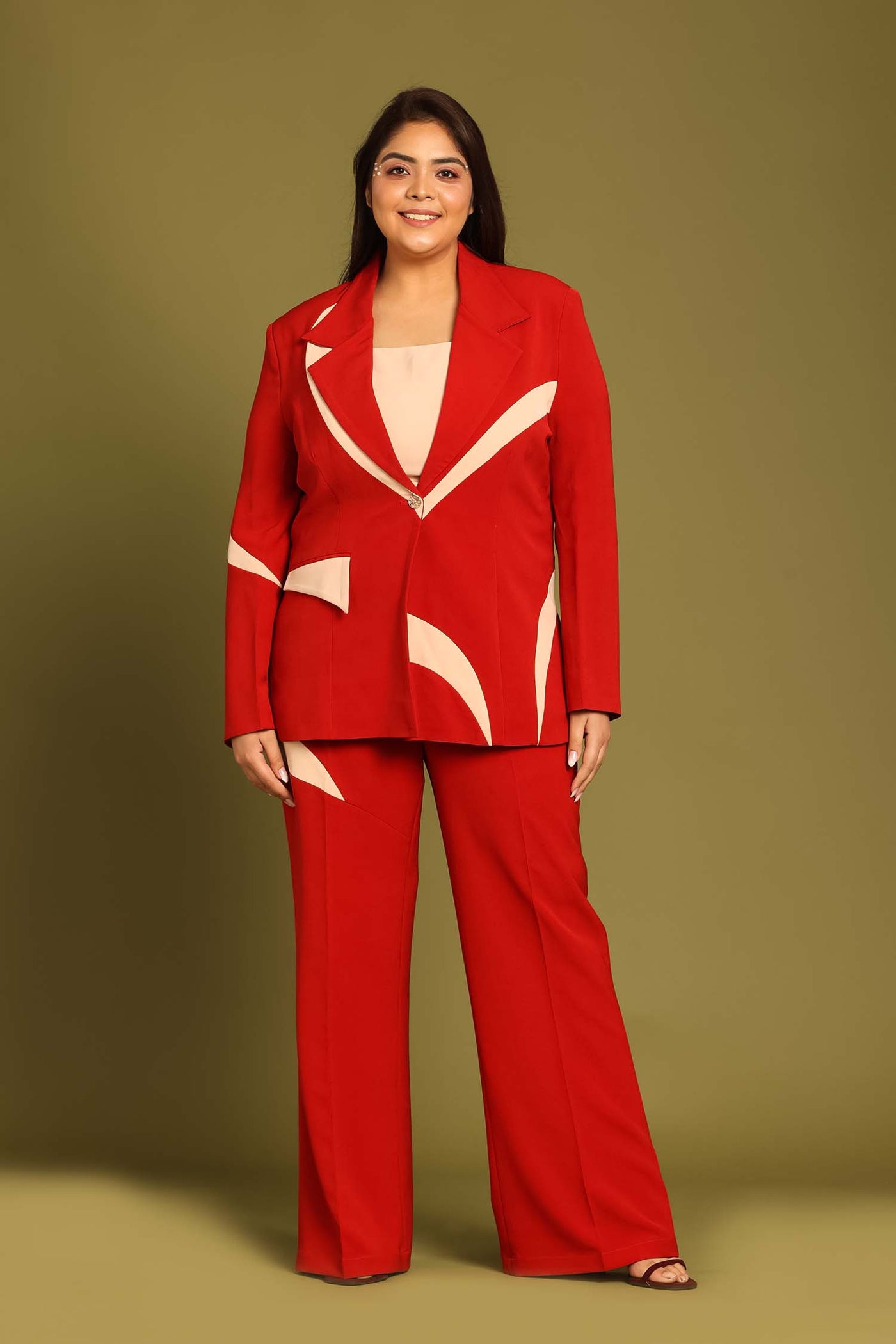 Cister Co in Chili Red Contrast Paneled Blazer with Crop Top and Flared Pants