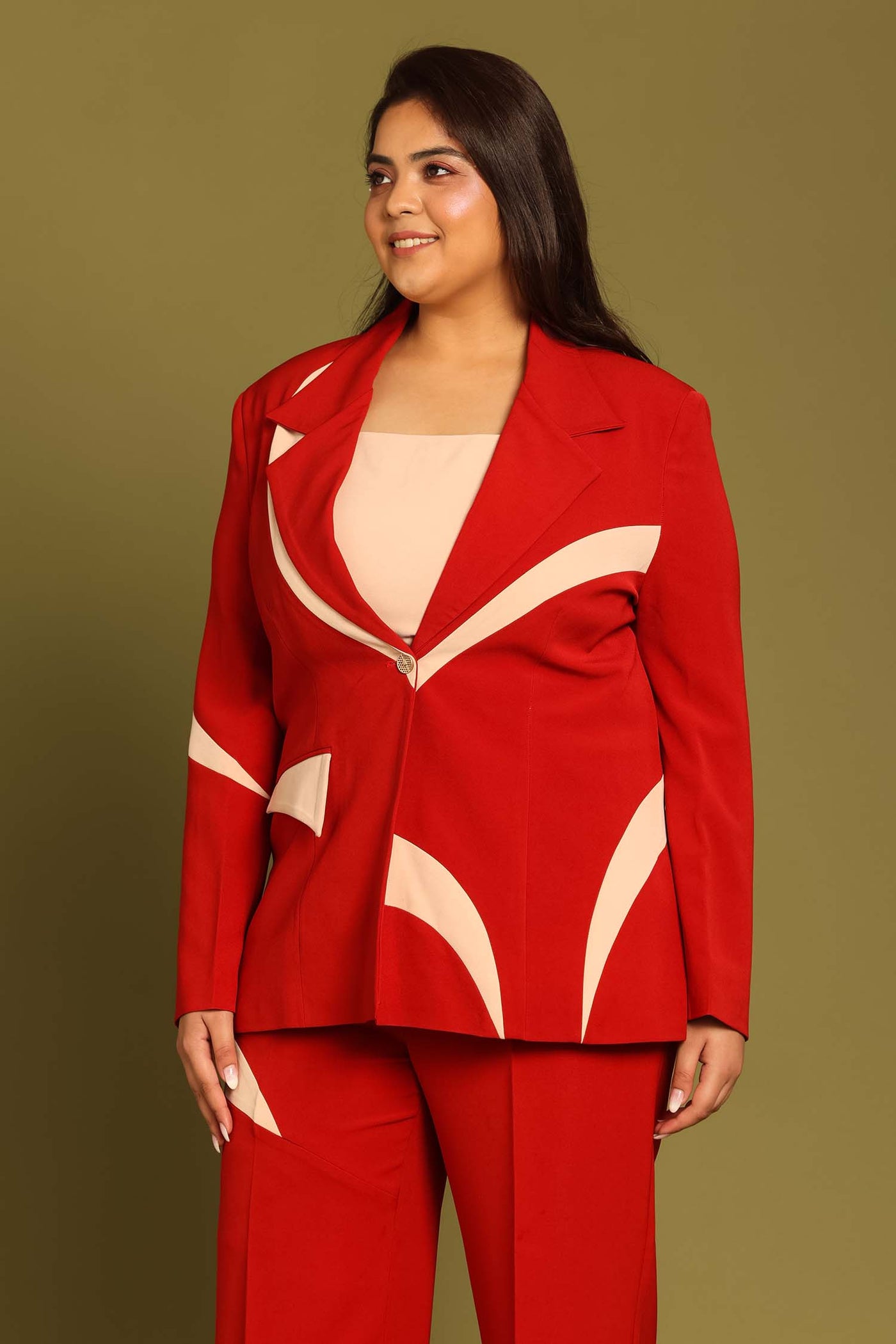 Cister Co in Chili Red Contrast Paneled Blazer with Crop Top and Flared Pants