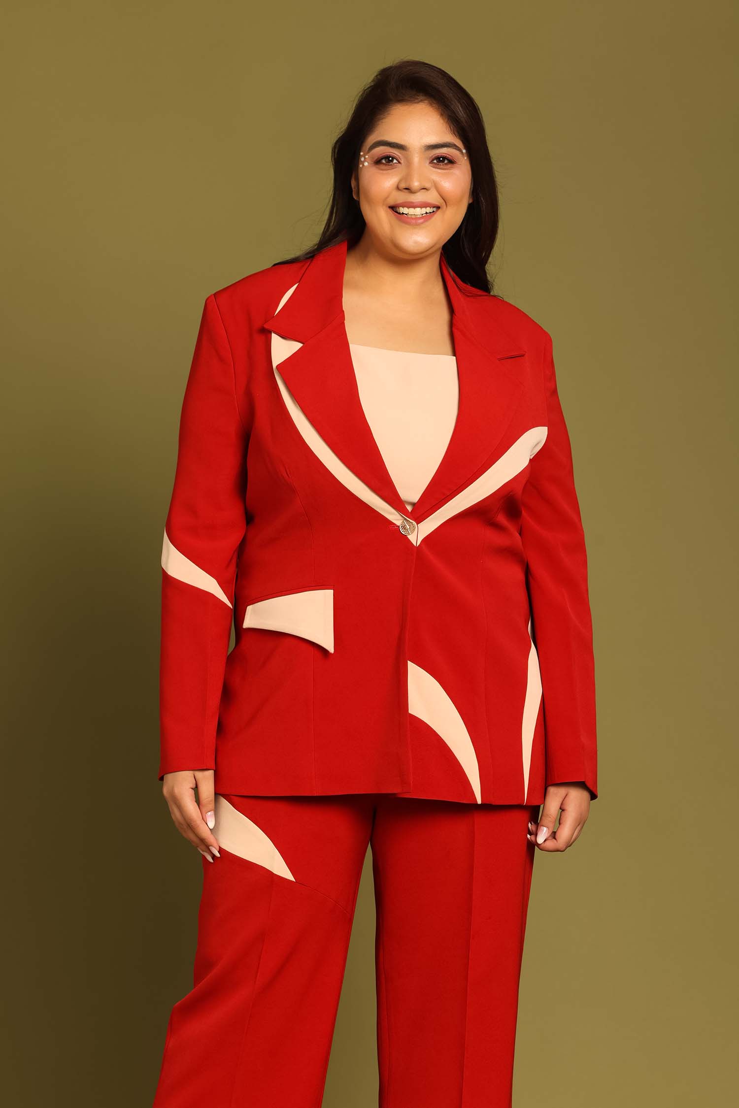 Chili Red Contrast Paneled Blazer with Crop Top and Flared Pants