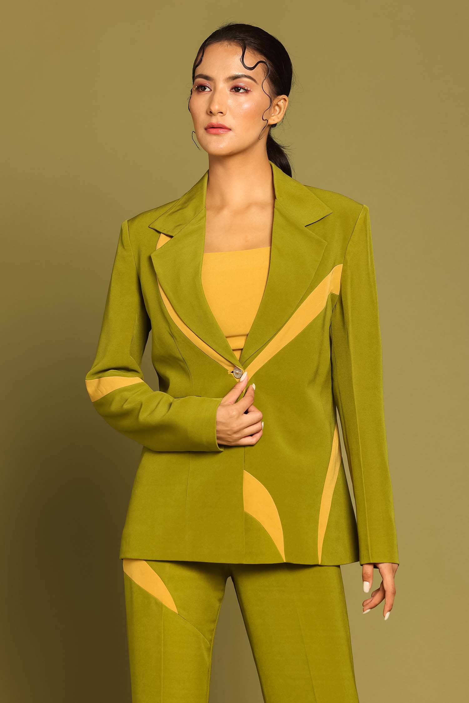 Olive Contrast Paneled Blazer with Crop Top and Flared Pants