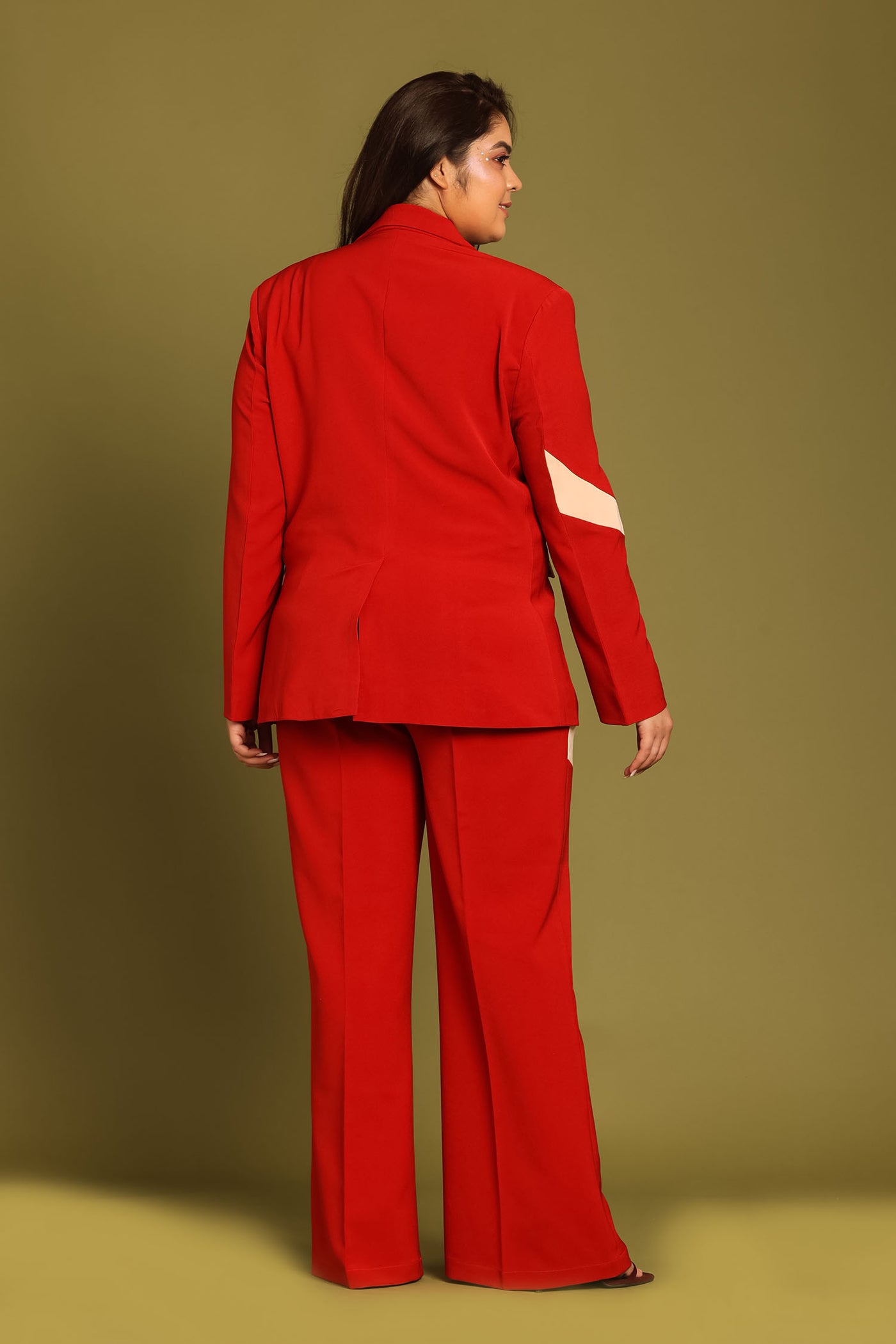 Cister Co in Chili Red Contrast Paneled Blazer with Crop Top and Flared Pants