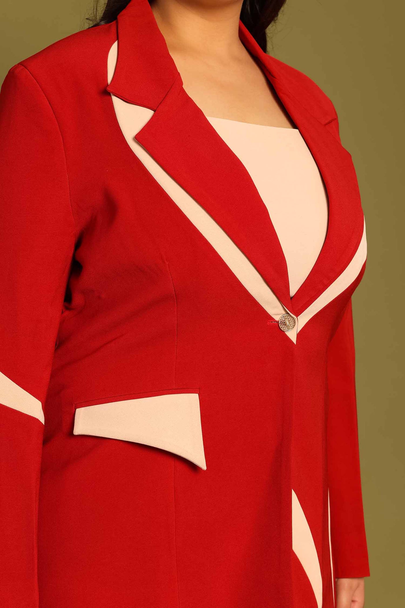 Cister Co in Chili Red Contrast Paneled Blazer with Crop Top and Flared Pants