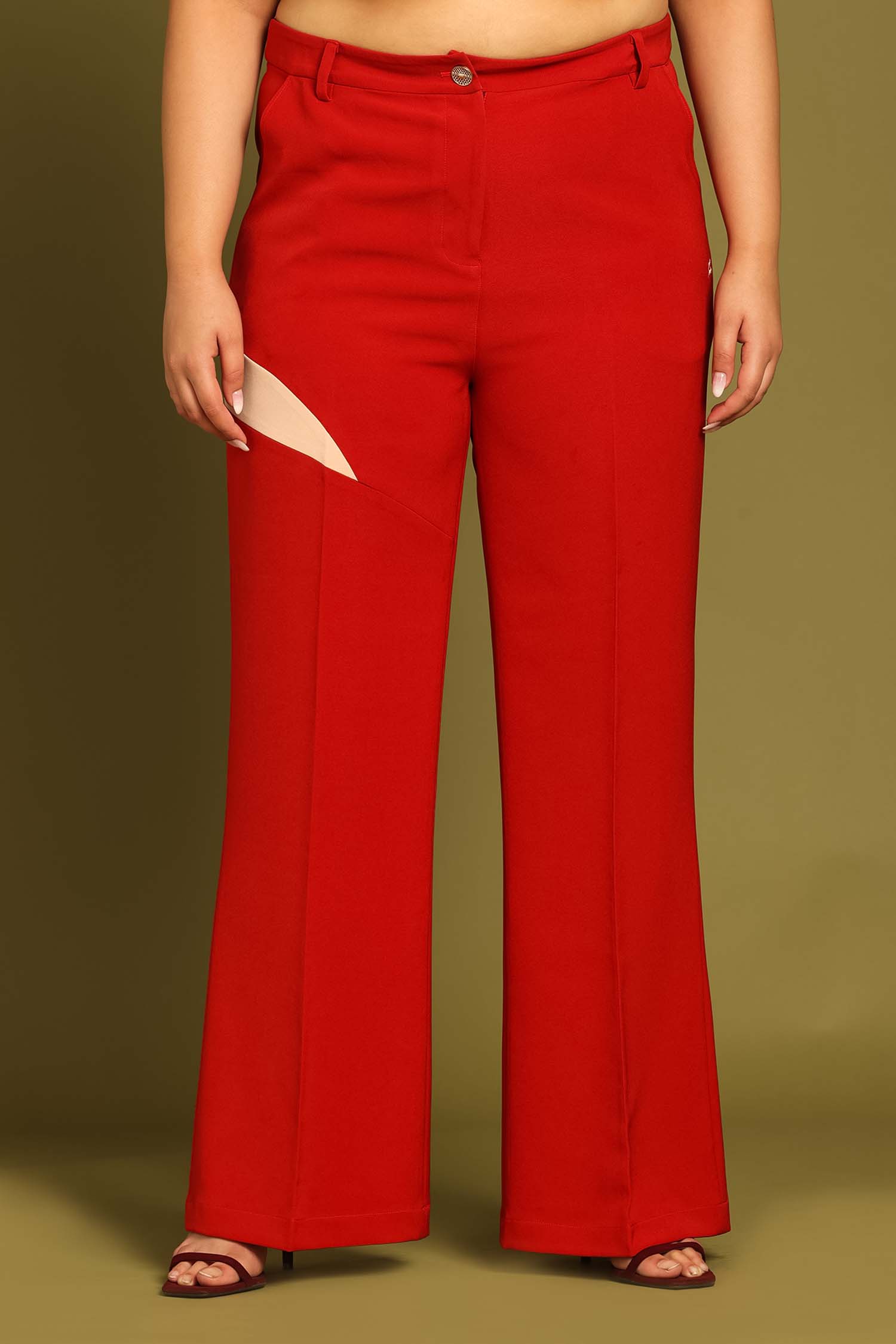 Chili Red Contrast Paneled Flared Trousers